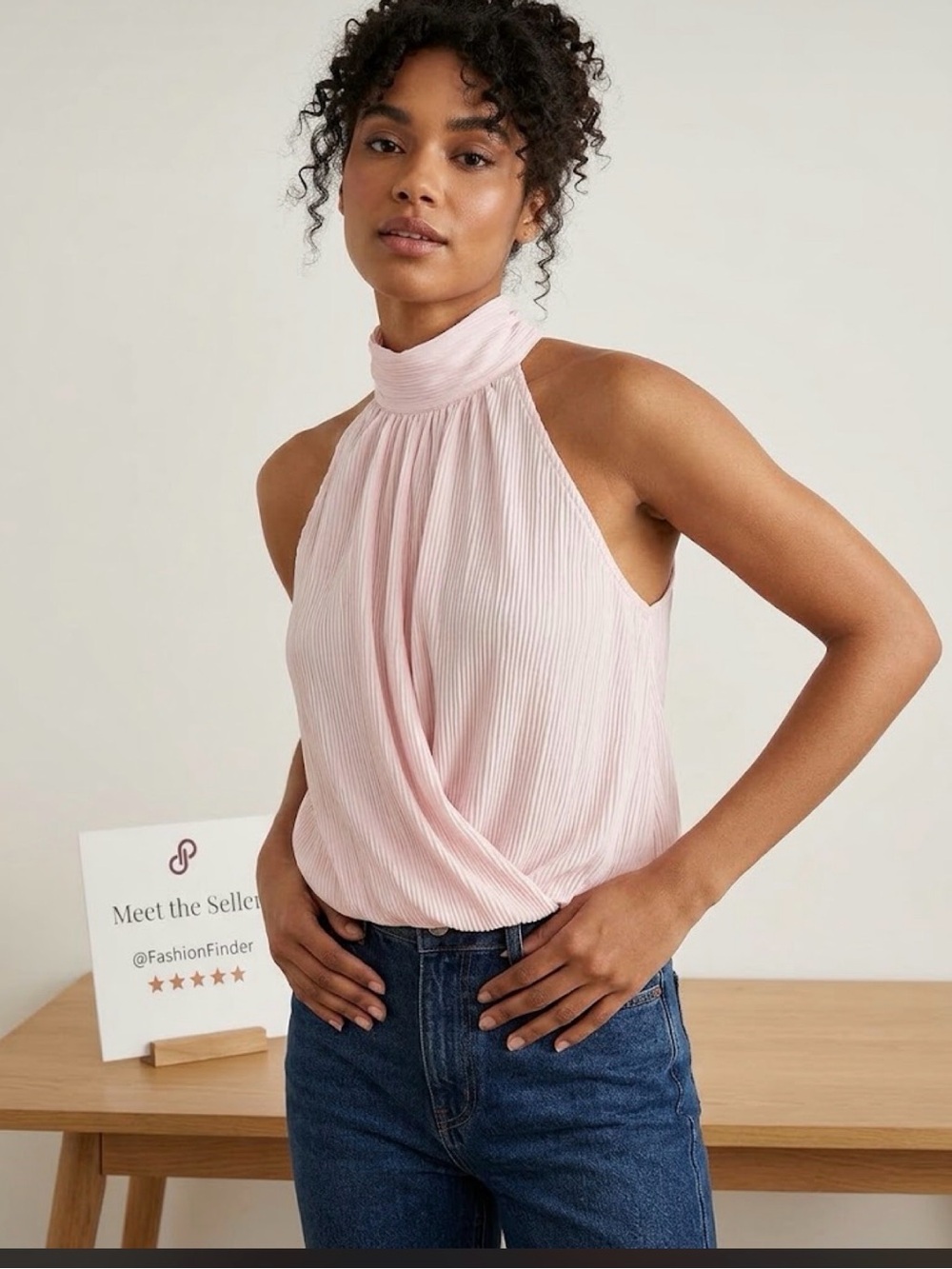 H&M Pleated High-Neck Twist-Front Camisole - Light Pink